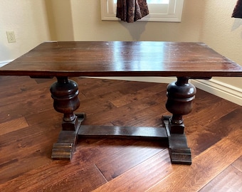Vintage Small Pedestal Farmhouse Table w/ Trestle Base, two unique wood turned legs - LOCAL PICKUP ONLY
