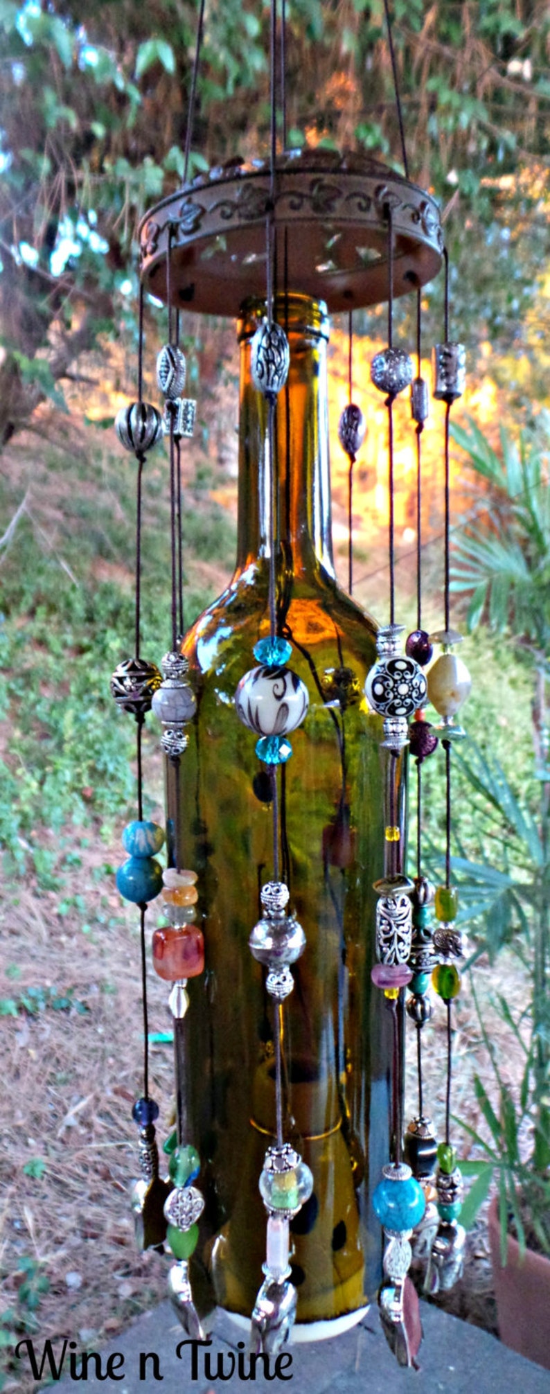 Recycled Wine bottle wind chime with Beads and Buddha charms Etsy