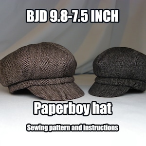 May include: Two brown paperboy hats, one larger than the other, with a herringbone pattern. The text "BJD 9.8-7.5 INCH Paperboy hat Sewing pattern and instructions" is printed below the hats.