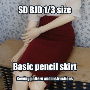 May include: A red pencil skirt sewing pattern for a 1/3 size doll. The pattern includes instructions for making the skirt. The text on the image reads "SD BJD 1/3 size Basic pencil skirt Sewing pattern and instructions".