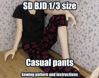 BJD Doll 1/3 SD: Unisex Casual pants sewing pattern - PDF with instructions - 2 waist versions - 2 pant leg versions