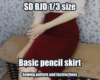 BJD Doll 1/3 SD: Basic pencil skirt sewing pattern - PDF with instructions - great base for modifications