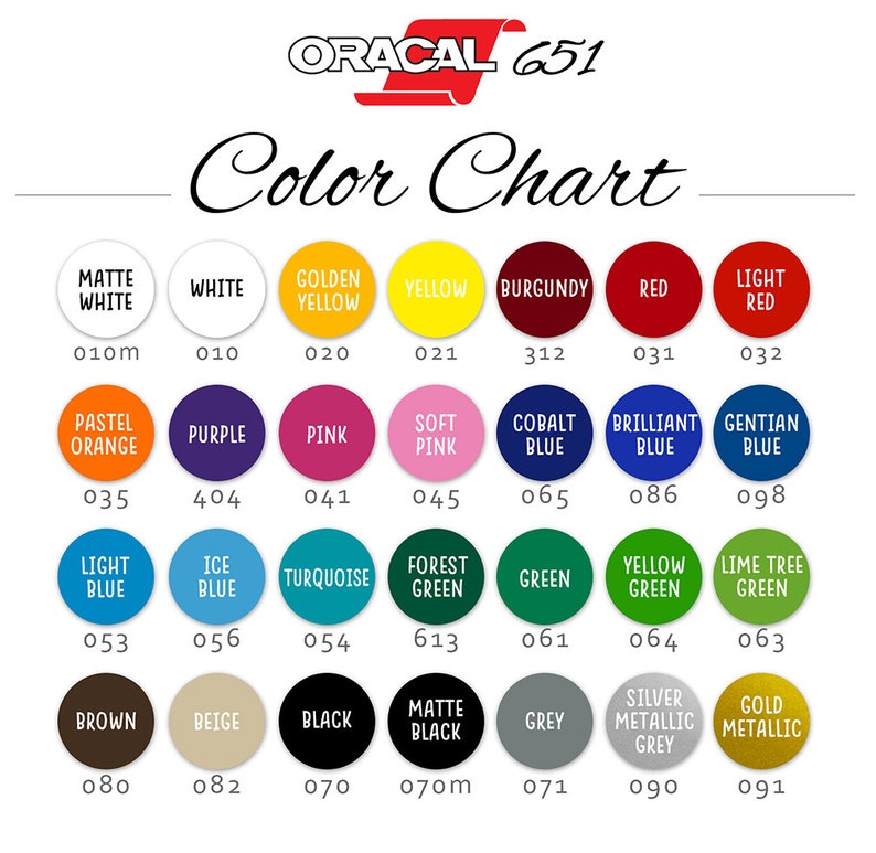 May include: Color chart for Oracal 651 vinyl, showing a variety of colors with their corresponding numbers. The colors include white, yellow, red, orange, purple, pink, blue, green, brown, beige, black, grey, and silver.