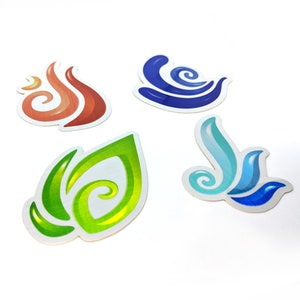 Adesivi elementali: aria, terra, fuoco, acqua. Set di 4. Adesivi in lega spazzolata e vinile