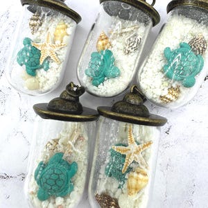 May include: Five clear glass vial pendants with antique bronze-toned metal caps. Each vial contains white sand, small seashells, and a miniature turquoise sea turtle figurine. Two vials also feature a small, light-colored starfish inside.