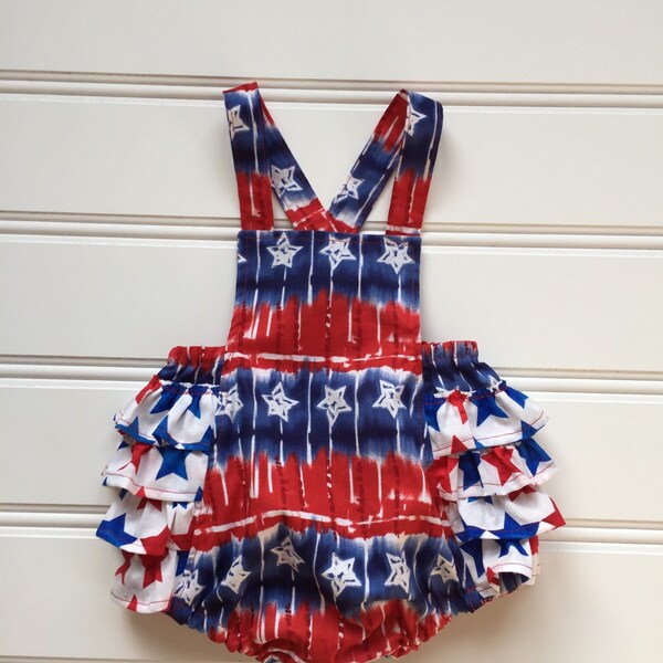 4th of July Tie Dye Romper, Red White Blue Romper, 4th of July Baby Girl Outfit, Tie Dye Ruffle Romper, baby girl romper, 18 months