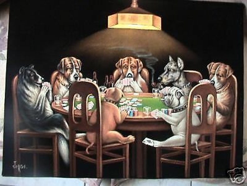 Dogs Playing poker black velvet original oil painting hand image 0