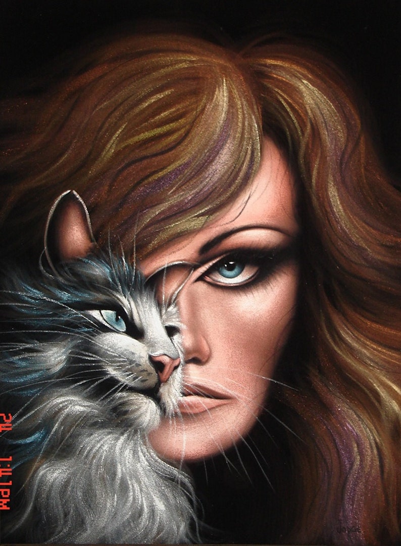 Catwoman cat lady black velvet oil painting handpainted signed Etsy