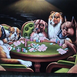 dogs playing pool on black velvet
