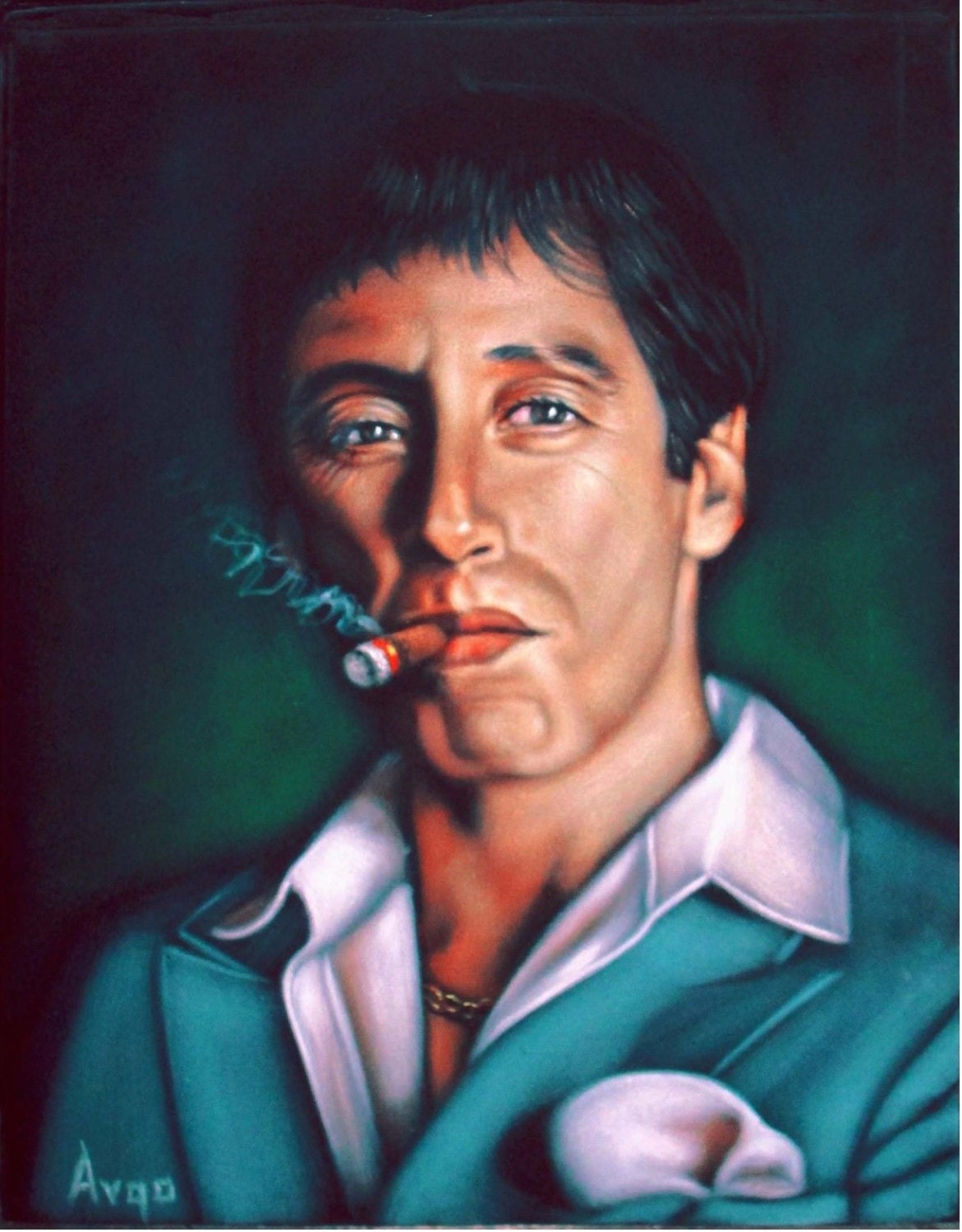 Scarface Tony Montana Al Pacino black velvet oil painting handpainted signe...