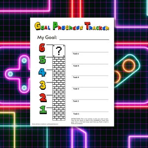 Seguimiento del progreso de los objetivos del niño: tema de videojuego: descarga instantánea en formato PDF, cuadro de recompensas para niños, termómetro de seguimiento del progreso, lista de tareas