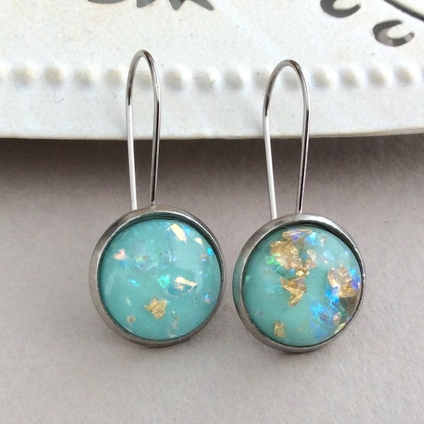 Turquoise Drops, Stainless Steel, Latchback Kidney Wires, Light Blue Earrings, Turquoise Jewellery, Resin Earrings, Teal, Goldleaf, Resin