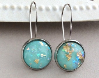 Turquoise Drops, Stainless Steel, Latchback Kidney Wires, Light Blue Earrings, Turquoise Jewellery, Resin Earrings, Teal, Goldleaf, Resin