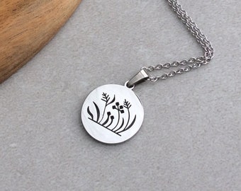 Flower Pendant, Nature Necklace, Stainless Steel Necklace, Stainless Steel Chain, Round Pendant, Everyday Small Pendant, Dainty Necklace, UK