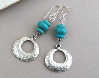 Turquoise Boho Earrings, Silver Earrings, Bohemian Jewellery, Hammered Disc, Rustic Charm, Doughnut, Blue Bead Earrings, Everyday Earrings