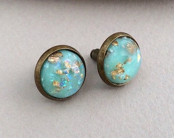 Turquoise Studs, Bronze Studs, Blue Stud Earrings, Light Blue Studs, Large Studs, Fake Plugs, Turquoise Jewellery, Resin Earrings, Teal