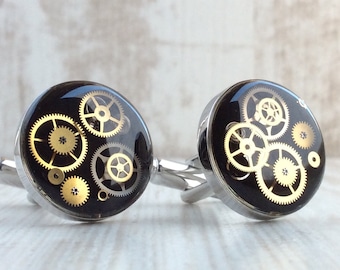 Steampunk Wedding Cufflinks, Husband, Luxury Chunky Cufflinks, Black Steampunk Cufflinks, Groom, Gothic Wedding, 18mm, Gift for Ushers