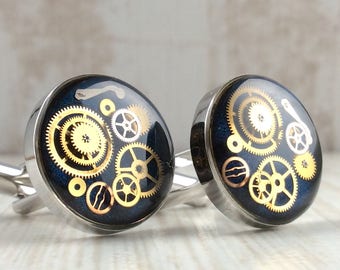 Dark Blue Cufflinks, MADE TO ORDER, Steampunk Cufflinks, Steampunk Wedding, Cogs and gears, 18mm, Blue Wedding, Groom Gift, Groom Cufflinks