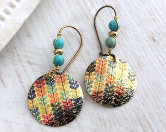 Turquoise Bronze Earrings, Latchback, Ethnic Earrings, Blue and Gold, Bronze Kidney Wires, Vintage Drop, Light Earrings, Colourful Disc Drop
