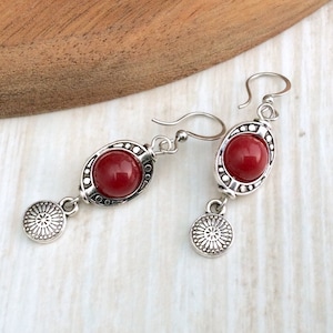 Short Red Drops, Silver Bohemian Earrings, Geometric Boho Earrings, Bright Red Earrings, Ethnic Ornate Drops, Natural Stones, Cute Gift, UK