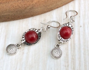 Short Red Drops, Silver Bohemian Earrings, Geometric Boho Earrings, Bright Red Earrings, Ethnic Ornate Drops, Natural Stones, Cute Gift, UK