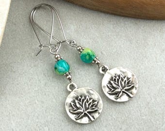 Silver Lotus Flower Earrings, Ethnic Boho Earrings, Bohemian Earrings, Silver Dangle Drop, Kidney Wire Earrings, Flower Dangle Drops, UK