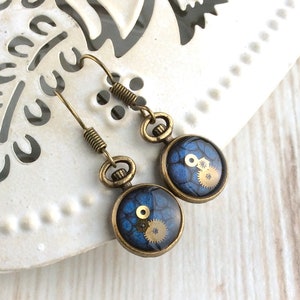 Small Blue Earrings, Blue Drop, Blue Earrings, Pocket Watch Earrings, Cute Earrings, Small Steampunk Earrings, Bronze, Unusual Earrings Bild 1