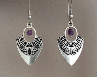 Amethyst Drop Earrings, Arrow Head, Shield Earrings, Egyptian Earrings, Antique Silver Earrings, Everyday Earrings, Bohemian Earrings, Boho