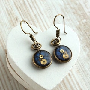 Small Blue Earrings, Blue Drop, Blue Earrings, Pocket Watch Earrings, Cute Earrings, Small Steampunk Earrings, Bronze, Unusual Earrings Bild 2