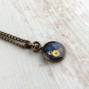 Pocket Watch Necklace, Time Travel, Bronze Necklace, Cute Necklace, Small Pendant, Resin, Watch Parts, Steampunk, Dark Blue, Unique, Unusual image 2
