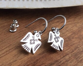 Native American Totem Bird Earrings, Stainless Steel Hoops, Stud Hoops, Hoop Charm Earrings, Small Hoops, Short Hoops, Cute Hoops, UK