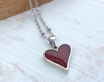 Small Heart Pendant, Resin Heart Necklace, Gift for Wife, Dark Red Heart, Leather Necklace, Leather Cord, Little Charm, Love Heart Pendant