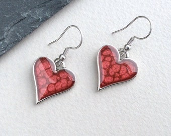 Red Heart Earrings, Heart Drop Earrings, Lava Earrings, Red Jewellery, Bridesmaid Gift, Honeycomb, Lava Jewellery, Silver Heart Earrings