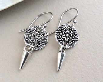 Cute Spike Earrings, Silver Drop Earrings, Mandala Charm, Short Drop, Sterling Silver, Small Spike Earrings, UK, Bohemian, Punk, Gothic