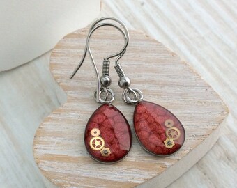 Red Earrings, Teardrop Earrings, Sterling Silver Earrings, Fire Earrings, Gift for Mum, Red Wedding, Light Earrings, Steampunk Earrings