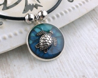 Turtle Charm Necklace, Leather Cord, Cute Necklace, Surfer Jewellery, Black Cord, Blue Necklace, Simple Necklace, Blue Choker, Ocean