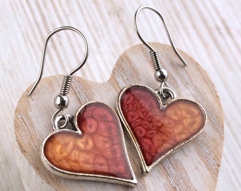 Red Heart Earrings. Heart Drop Earrings. Fire Earrings. Red Jewellery. Resin Earrings. Bridesmaid Gift. Red Ombre. Fire Jewellery