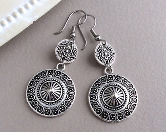 Silver Disc Earrings, Boho Earrings, Antique Silver, Vintage Style, Bohemian Earrings, Sterling Silver, Stainless Steel, UK, Round Ethnic