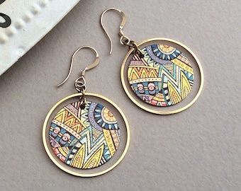 Gold Circle Earrings, Lightweight Small Hoops, 14K Gold Filled, Hypoallergenic, Geometric, Blue Zendoodle, Cute Summer Earrings, Disc Charm