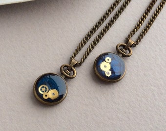 Pocket Watch Necklace, Time Travel, Bronze Necklace, Cute Necklace, Small Pendant, Resin, Watch Parts, Steampunk, Dark Blue, Unique, Unusual