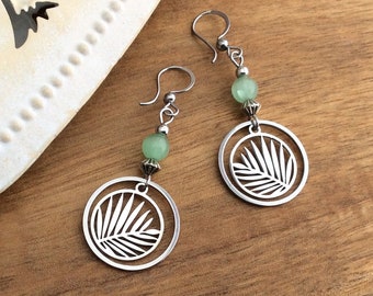 Silver Leaf Earrings, Green Cats Eye Bead, Silver Disc Drops, Nature Lover, Fern Charm, Stainless Steel, Boho Jewellery, Bohemian, Leaves