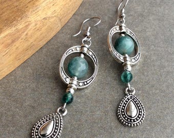 Green Boho Earrings, Silver Bohemian Earrings, Geometric Dangle Earrings, Festival Earrings, Ethnic Ornate Drops, Natural Green Stones, UK