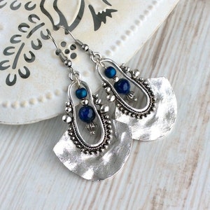 Tribal Earrings, Silver Drop Earrings, Dark Blue Bead Earrings, Ethnic Earrings, Boho Earrings UK, Long Drop, Large Earring, Sterling Silver image 1