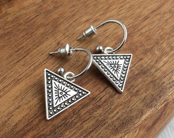 Stud Hoop Earrings, Stainless Steel Hoops, Geometric Earrings, Triangle, Arrow Head Earrings, Hoop Charm Earrings, Small Hoops, Short Hoops