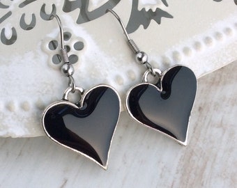 Black Earrings, Goth, Black Heart, Heart Earrings, Gothic Earrings, Silver Heart Earrings, Black Jewellery, Gothic Wedding, Mono Earrings