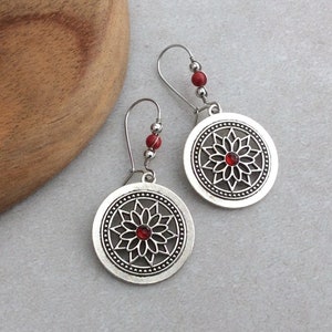 Silver Mandala Charm Earrings, Red Bead, Latch Back, Kidney Wires, Flower, Bright Red, Bohemian, Boho, Wire Wrapped, UK, Secure, Unique image 1