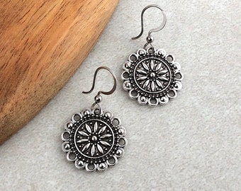Mandala Earrings, Small Mandalas, Flower Earrings, Sterling Silver Ear Wires, Stainless Steel, Boho Earrings, Bohemian, Antique Silver, UK