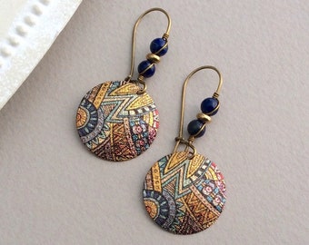 Lapis Lazuli Earrings, Ethnic Earrings, Blue and Gold, Bronze Kidney Wires,  Latchback, Vintage Drop, Light Earrings, Disc Drop, Zendoodle