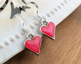 Bright Pink Earrings, Little Heart Earrings, Tiny Silver Earrings, Vibrant Earrings, Bridesmaid Earrings, Wedding Earrings, Bright Earrings