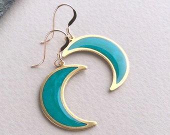 Crescent Moon Earrings, Teal Earrings, Resin Moon, Brass Moon, Gold Moon, Golden Moon Earrings, Celestial, Zen, Solar System, Blue Moon